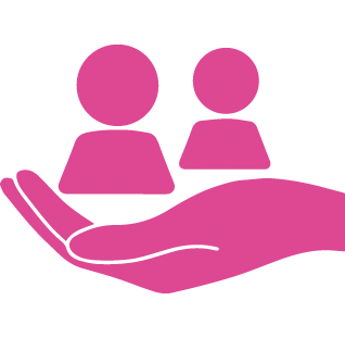 pink hand icon, holding two people