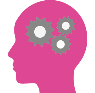 Icon of a pink head with some grey cogs in it.