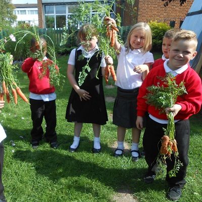 Picture of some children holding up vegetables they've grown as part of Health For Life