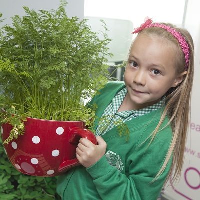 Little girl holding up a large teapot with plants growing in it. 